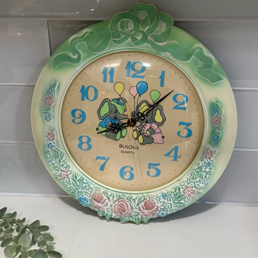 Vintage Rare Bulova Clock Elephants Blue Pink Kids Clock Elephants With Balloons